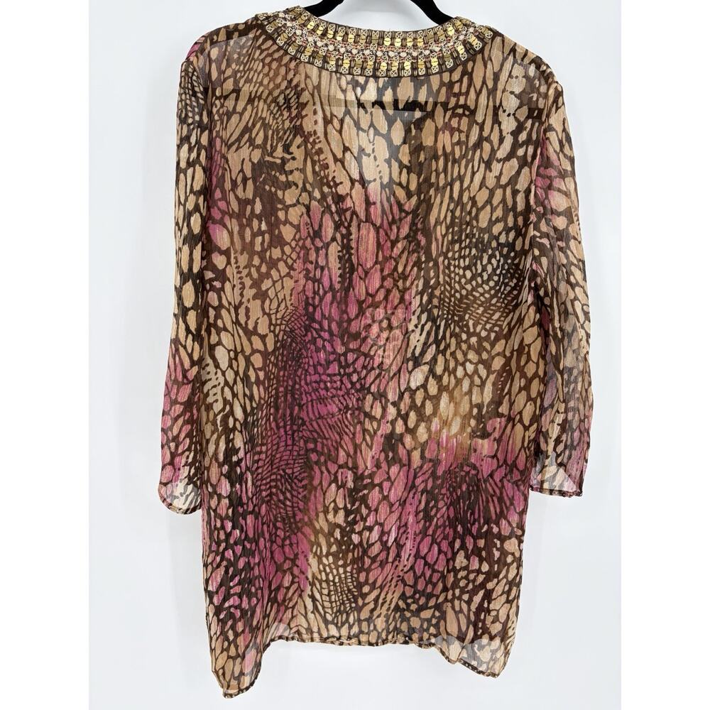 Chico’s Silk Embellished Animal Print Tunic Top Size XL Beaded Pink Brown Y2K - Picture 3 of 9
